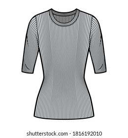 Ribbed Crew Nacken Strickpult technische Mode-Illustration mit Ellenbogen-Ärmeln, Nahform, Tuniklänge. Flaches Outwear-Bekleidungs-Template in grauer Farbe. Frauen entführen CAD-Modell nach oben