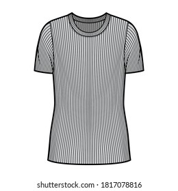 Ribbed crew neck knit sweater technical fashion illustration with short rib sleeves, oversized body tunic length. Flat outwear apparel template front grey color. Women men unisex shirt top mockup