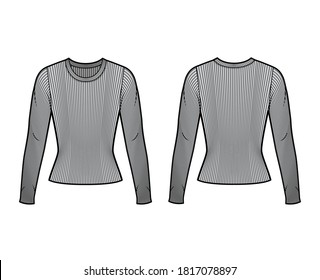 Ribbed crew neck knit sweater technical fashion illustration with long sleeves, close-fitting shape. Flat outwear apparel template front, back grey color. Women men, unisex shirt top CAD mockup