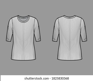 Ribbed crew neck knit sweater technical fashion illustration with elbow sleeves, oversized body, tunic length. Flat outwear apparel template front, back white color. Women, men unisex shirt top CAD