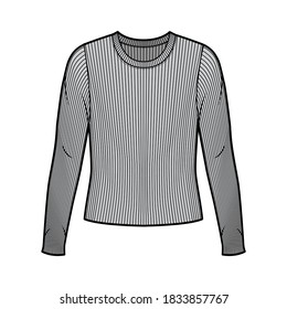 Ribbed crew neck knit sweater technical fashion illustration with long sleeves, oversized body. Flat outwear apparel template front grey color. Women men unisex shirt top CAD mockup