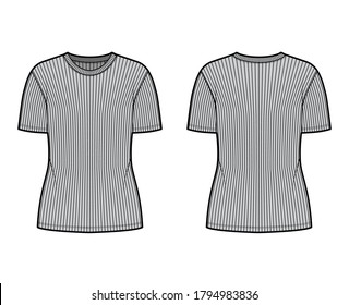 Ribbed crew neck knit t-shirt technical fashion illustration with short rib sleeves, oversized body. Flat outwear apparel template front, back, grey color. Women, men, unisex shirt top CAD mockup