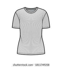 Ribbed crew neck knit t-shirt technical fashion illustration with short rib sleeves, oversized body. Flat outwear apparel template front, white color. Women, men, unisex shirt top CAD mockup