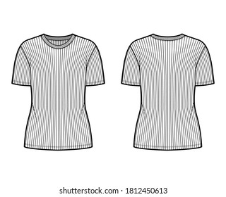 Ribbed crew neck knit t-shirt technical fashion illustration with short rib sleeves, oversized body. Flat outwear apparel template front, back, white color. Women, men, unisex shirt top CAD mockup