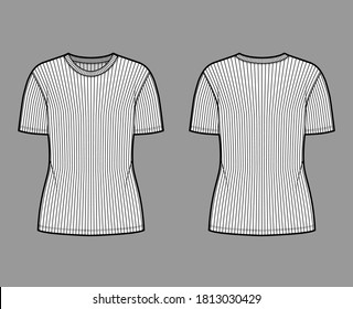 Ribbed crew neck knit t-shirt technical fashion illustration with short rib sleeves, oversized body. Flat outwear apparel template front, back, white color. Women, men, unisex shirt top CAD mockup