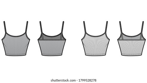 Ilustración técnica de moda de camisol recortada con cinta de coop, cuerpo de punto montado, longitud de cintura. Ropa plana plantilla de ropa de tanque básica color gris blanco delantero. Mujeres hombres unisex camiseta superior