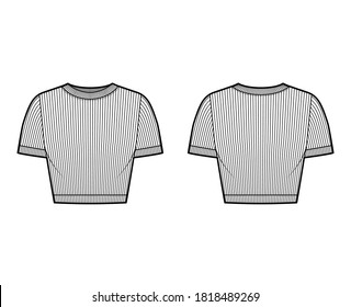 Ribbed cropped cotton-jersey t-shirt technical fashion illustration with scoop neck, short sleeves, close fit. Flat outwear sweater apparel template front back white color. Women men unisex knit top