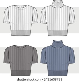 Ilustración técnica de la moda de la camiseta del algodón-jersey recortado acanalado con cuello redondo, mangas cortas, ajuste cerrado. Suéter de cuello alto recortado de punto acanalado ilustración de moda técnica con mangas cortas.