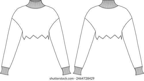 ribbed cuff ribbed neck turtleneck high neck drop shoulder long sleeve zigzag hem crop cropped short sweater template technical drawing flat sketch cad mockup fashion woman design style model