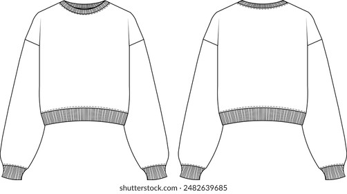 Ribbed Drop Schulter Sweatshirt Technische Skizze Vorlage Flache Skizze CAD Mockup Mode Frau
