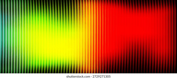 Ribbed glass abstract texture with vertical stripes in glowing red, orange, gradient on black, futuristic bold luminous background with geometric symmetry, modern vector illustration design

