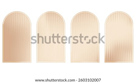 Ribbed glass arch wall with corrugated beige texture. Abstract brown pattern on glossy plastic plate. Gradient light across frosted panel and 3d podium. Gold circle stage set on white background.