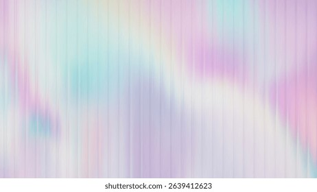 Ribbed glass background with hologram and iridescent gradient blue color. Rainbow abstract effect with foil light and pink metal silver line. Wall texture with diamond purple chrome glow and wave
