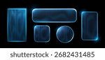 Ribbed glass frames with glossy neon blue glow on black background for modern interface and display design. Transparent panels with vertical lines for futuristic UI elements or digital presentations.