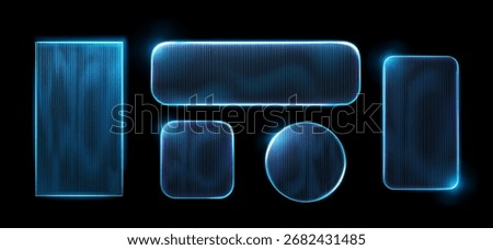 Ribbed glass frames with glossy neon blue glow on black background for modern interface and display design. Transparent panels with vertical lines for futuristic UI elements or digital presentations.