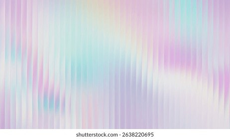 Ribbed glass with iridescent background and gradient abstract color metal foil. Hologram rainbow blue effect with glossy texture and pearlescent purple pearl. Pink transparent silver light on plastic