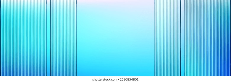 Ribbed glass panels with gradient blue color. Frame from vertical lined texture and modern geometric pattern. Background with elegant transparent reeded surface. Translucent acrylic plates border.