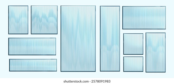 Ribbed glass panels set with different rectangular shapes. Transparent textured surfaces with vertical striped pattern in light blue color. Architectural elements for interior design or window decor.