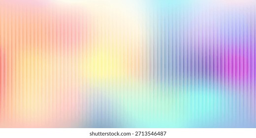 Ribbed glass surface. Abstract background with iridescent gradient pattern. Holographic light around blue metal wall. Corrugated plastic texture with modern color effect bg. Frosted window stripes.