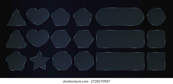 Geripptes Glas transparenter Rahmen, 3D-Licht-Overlay-Effekt auf dunklen BG. Wellblech aus Kunststoff, quadratisches Bruchbild. Schaltfläche "Kristallrechteck", Schaltfläche "Hexagon rund". Glänzende Rahmentechnologie