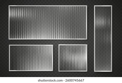 Ribbed glass vector glossy plate. Glass wavy clear plastic texture clear rectangular banners. Acrylic reeded fluted panel isolated