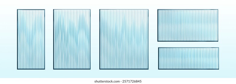 Ribbed glass windows set isolated on white. Vector realistic illustration of 3d rectangular plastic surface with vertical stripes, blurry wall, corrugated acrylic sheet, elegant interior element