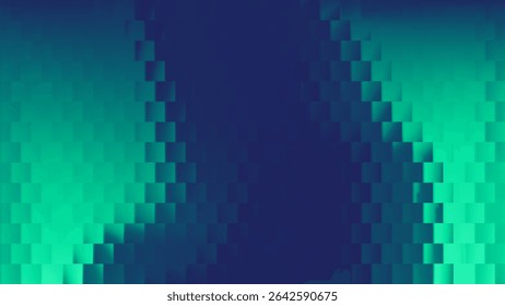 Ribbed green glass background with fluted square pattern and neon gradient effect. 3d abstract blue reeded texture for premium podium or vertical line design. Frosted overlay with prism distortion.