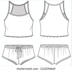 RIBBED HALTER NECK CAMI AND BOYSHORTS NIGHTWEAR SET FOR WOMEN AND TEEN GIRLS IN EDITABLE VECTOR FILE