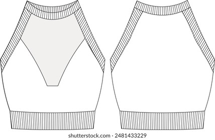 ribbed halter neck round neck sleeveless cropped blouse sweater template technical drawing flat sketch cad mockup fashion woman design model style