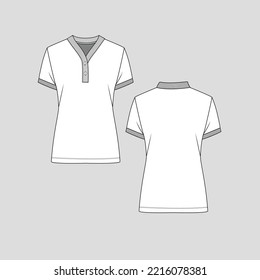 Ribbed Henley Neck T shirt Top Button panel Short Sleeve rib cuffs hem Fashion  flat sketch cad design  template technical drawing