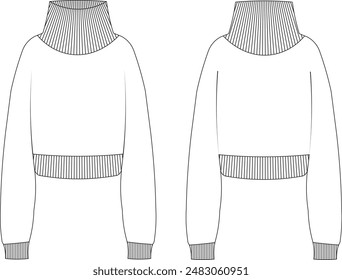 ribbed high neck turtleneck ribbed hem Sweater Technical Drawing Flat Sketch.eps
