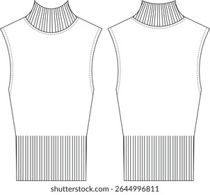 ribbed high neck turtleneck ribbed hem sleeveless blouse top vest template technical drawing flat sketch cad mockup fashion woman design style model 