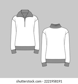 Ribbed High Neck Zipper Sweatshirt Drop shoulder Long Sleeve Cuff Rib Half open zip detail autumn winter Fashion flat sketch technical drawing template vector