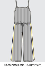 RIBBED JUMPSUIT WITH  STRIPE DETAIL  FOR KID GIRLS AND TEEN GIRLS IN EDITABLE VECTOR FILE