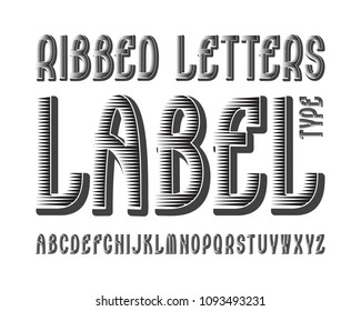 Ribbed Letters Label typeface. Black gray contrasting font. Isolated english alphabet.