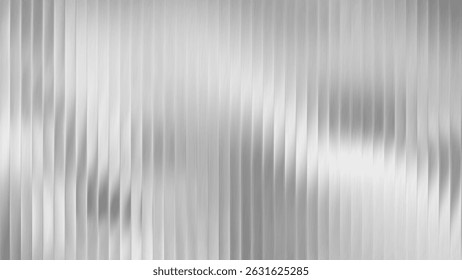 Fundo de vidro de metal com nervuras com textura listrada e gradiente de prata. Painel abstrato ondulado com folha de cromo e efeito de aço fluido. Parede transparente com brilho perolescente.