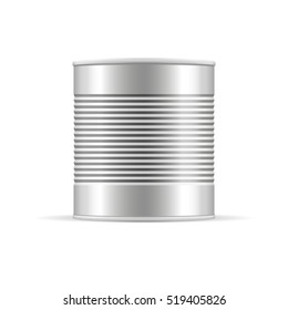 Ribbed metal tin can, canned food. Mockup for your design. Product packing vector.