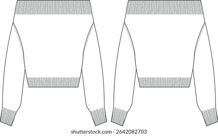 ribbed off the shoulder neck drop shoulder long sleeve ribbed hem cuff slouchy loose short knitted sweater template technical drawing flat sketch cad mockup fashion woman design style model 