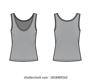 Ribbed open-knit tank technical fashion illustration with oversized body, deep scoop neck, elongated hem. Flat outwear top apparel template front, back grey color. Women, men unisex shirt CAD mockup