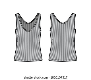 Ribbed open-knit tank technical fashion illustration with oversized body, deep V-neckline, elongated hem. Flat outwear top apparel template front, back, grey color. Women, men unisex shirt CAD mockup