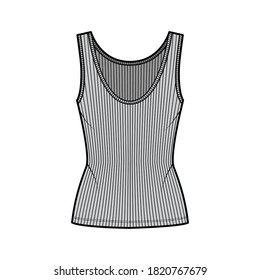 Ribbed open-knit tank technical fashion illustration with fitted body, deep scoop neck, elongated hem. Flat outwear top apparel template front, grey color. Women, men unisex shirt CAD mockup