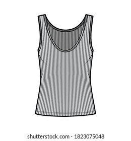 Ribbed open-knit tank technical fashion illustration with oversized body, deep scoop neck, elongated hem. Flat outwear top apparel template front, grey color. Women, men unisex shirt CAD mockup