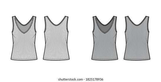 Ribbed open-knit tank technical fashion illustration with oversized body, deep V-neckline, elongated hem. Flat outwear top apparel template front, back, white grey color. Women, men unisex shirt CAD