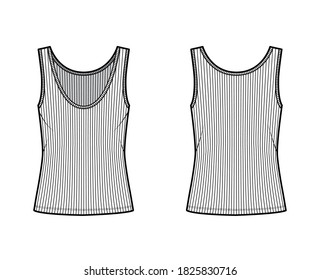 Ribbed open-knit tank technical fashion illustration with oversized body, deep scoop neck, elongated hem. Flat outwear top apparel template front, back, white color. Women, men unisex shirt CAD mockup