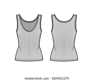 Ribbed open-knit tank technical fashion illustration with fitted body, deep scoop neck, elongated hem. Flat outwear top apparel template front, back, white color. Women, men unisex shirt  mockup