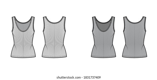 Ribbed open-knit tank technical fashion illustration with fitted body, deep scoop neck, elongated hem. Flat outwear top apparel template front, back white grey color. Women men unisex shirt CAD mockup