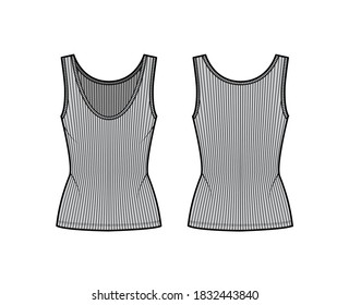 Ribbed open-knit tank technical fashion illustration with fitted body, deep scoop neck, elongated hem. Flat outwear top apparel template front, back grey color. Women, men unisex shirt CAD mockup