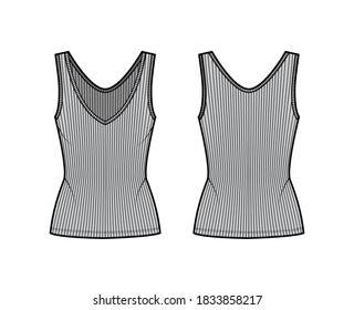 Ribbed open-knit tank technical fashion illustration with fitted body, deep V-neckline, elongated hem. Flat outwear top apparel template front, back, grey color. Women, men unisex shirt CAD mockup