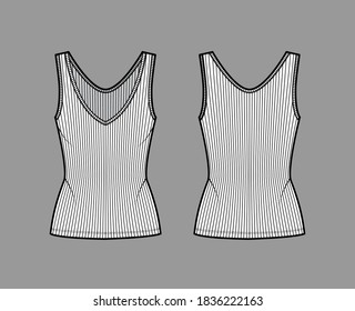 Ribbed open-knit tank technical fashion illustration with fitted body, deep V-neckline, elongated hem. Flat outwear top apparel template front, back, white color. Women, men unisex shirt CAD mockup