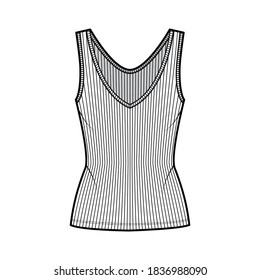 Ilustración técnica de moda del tanque de punto abierto con cuerpo acoplado, cuello V profundo, alargado. Delantero de la plantilla de ropa de vestir de ropa de vestir plana, color blanco. Mujeres, hombres unisex camisa maquillaje CAD